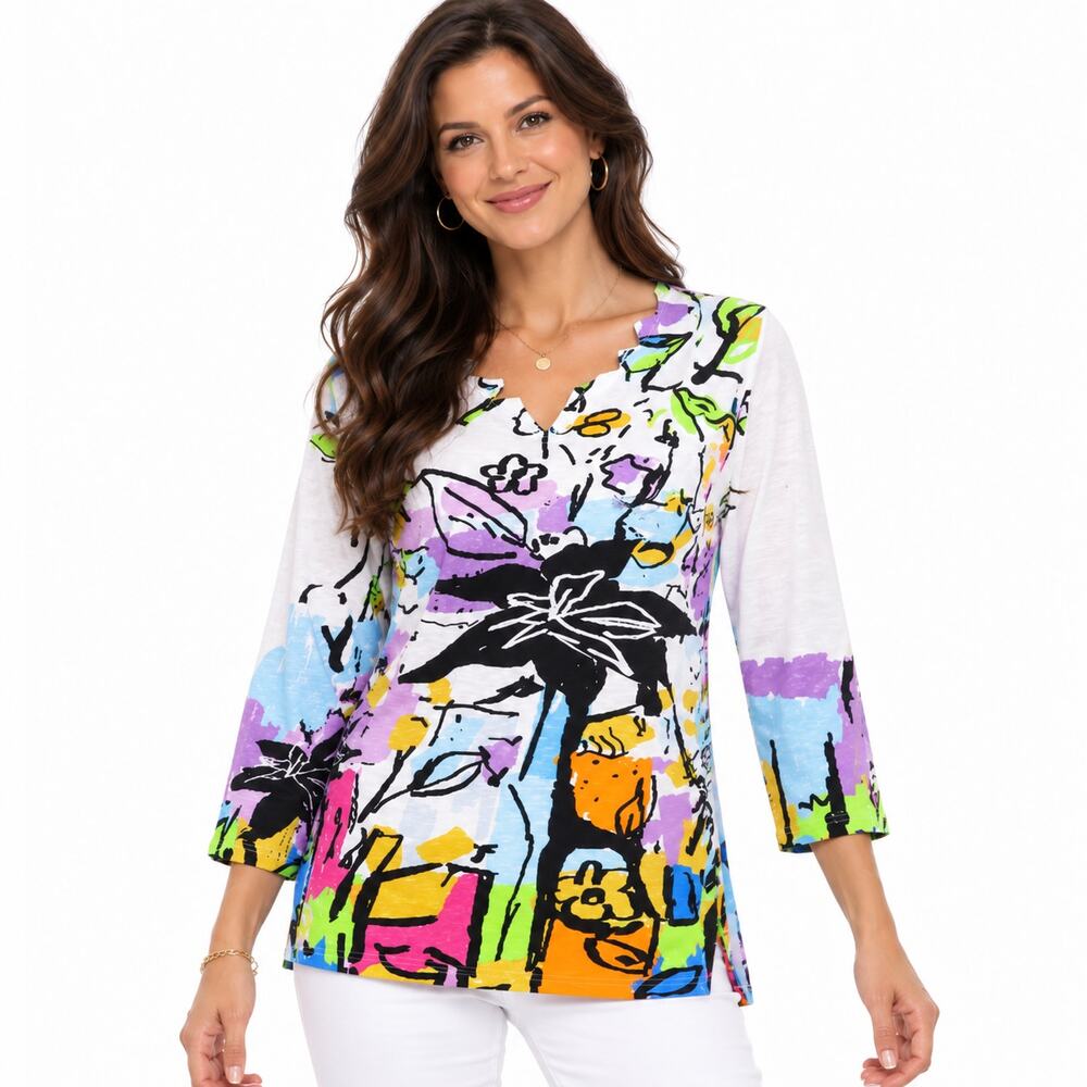 Parsley & Sage Colorful Doodle Sketch Tee Womens Small Lagenlook Boho Artsy Top